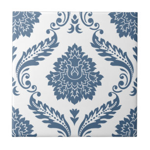 Carreau Rococo Damassé Grand Motif Bleu sur Blanc