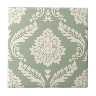 Carreau Rococo Damassé Grand Motif Crème sur Vert