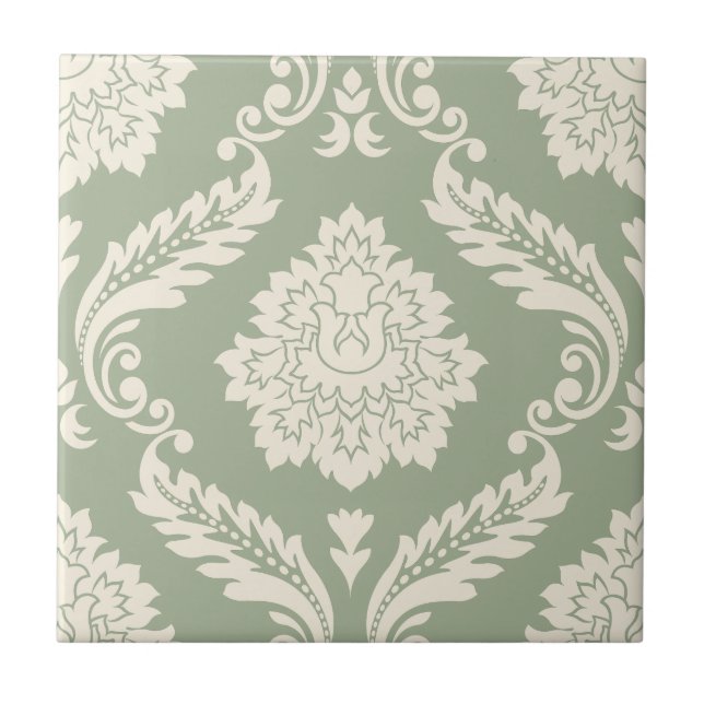 Carreau Rococo Damassé Grand Motif Crème sur Vert (Devant)