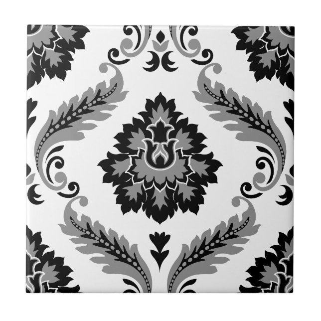 Carreau Rococo Damassé Grand Motif Gris Noir Blanc (Devant)