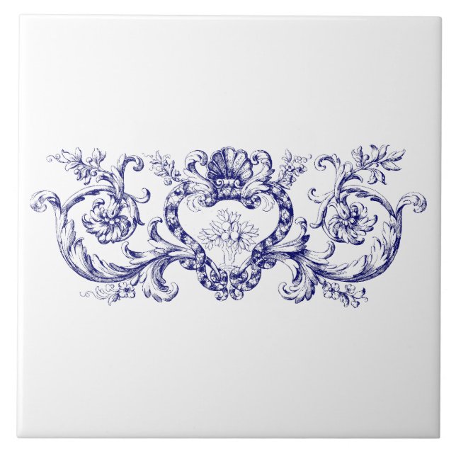 Carreau Rococo Shell Cartouche Frieze Bleu et Blanc (Devant)