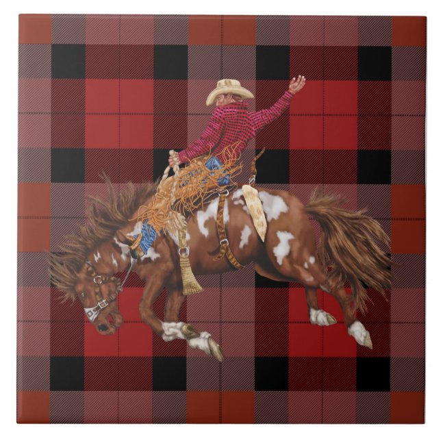 Carreau Rodeo Cowboy Bronco Busch Sur Plaid (Devant)