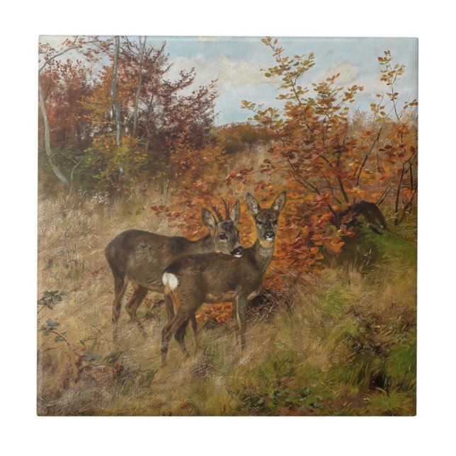Carreau Roe Deer aux feuilles d'automne Faune Vintage (Devant)
