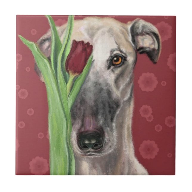 Carreau Romantic Dog with Flower Ceramic Tile - Painting (Devant)