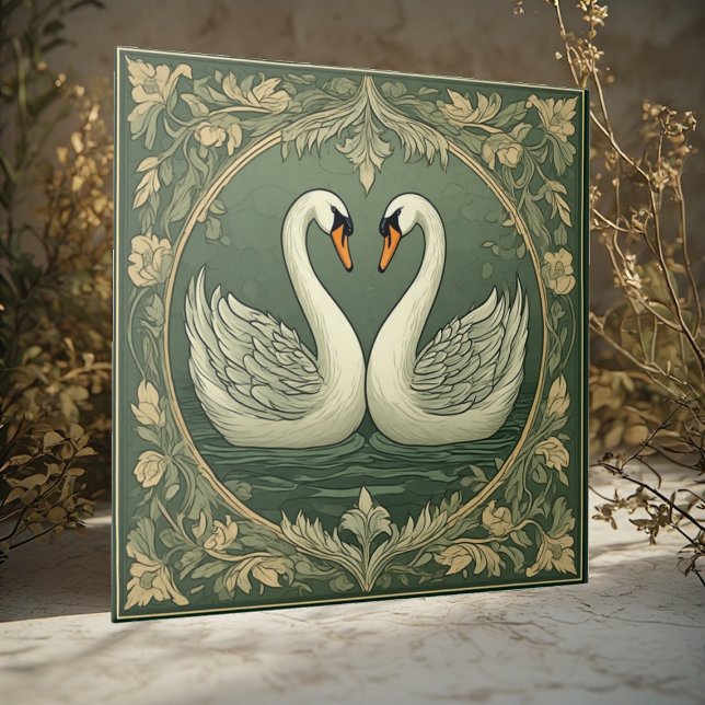 Carreau Romantic White Swan Couple Art Deco Pond Green Sea (Romantic White Swan Couple Art Deco Pond Green Sea Ceramic Tile)