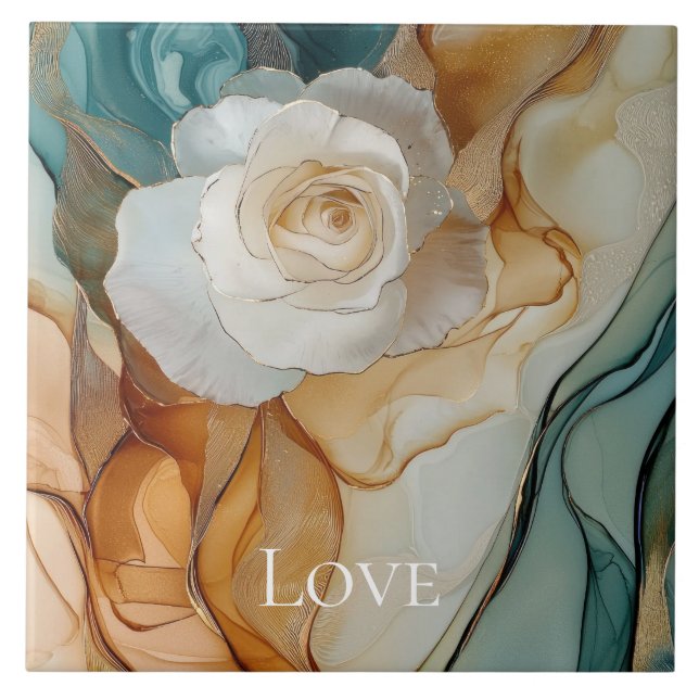 Carreau Romantique Blanc Aqua Gold Floral Love (Devant)