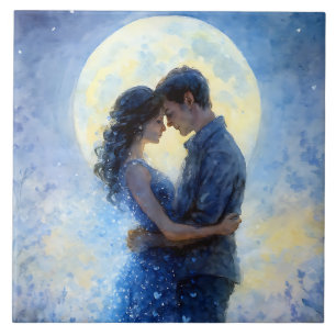 Carreau Romantique Moonlit Couple Aquarelle Art Dreamy Blu