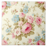 Carreau Romantique rose Rose anglais sur jaune pâle<br><div class="desc">Joli et romantique motif floral féminin sans couture avec sprays de roses roses roses et fleurs bleues avec feuillage sauge sur arrière - plan jaune pastel pâle.</div>