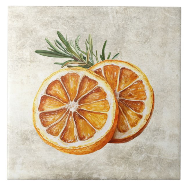 Carreau Romarin Oranges Aquarelle Rustique (Devant)