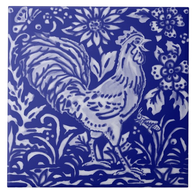 Carreau Rooster Bleu Poulet Floral Farmhouse Art Rustique (Devant)