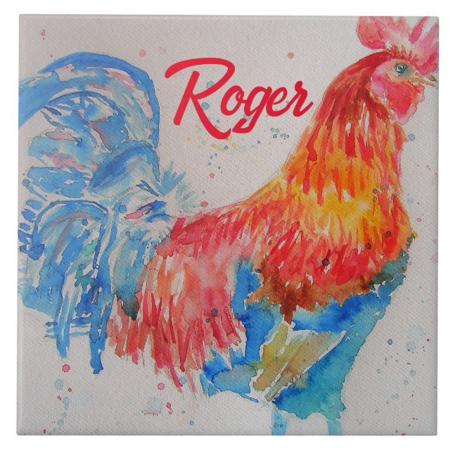 Carreau Rooster rouge aquarelle peinture art poulet (Devant)