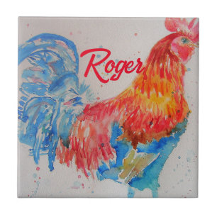 Carreau Rooster rouge aquarelle peinture art poulet