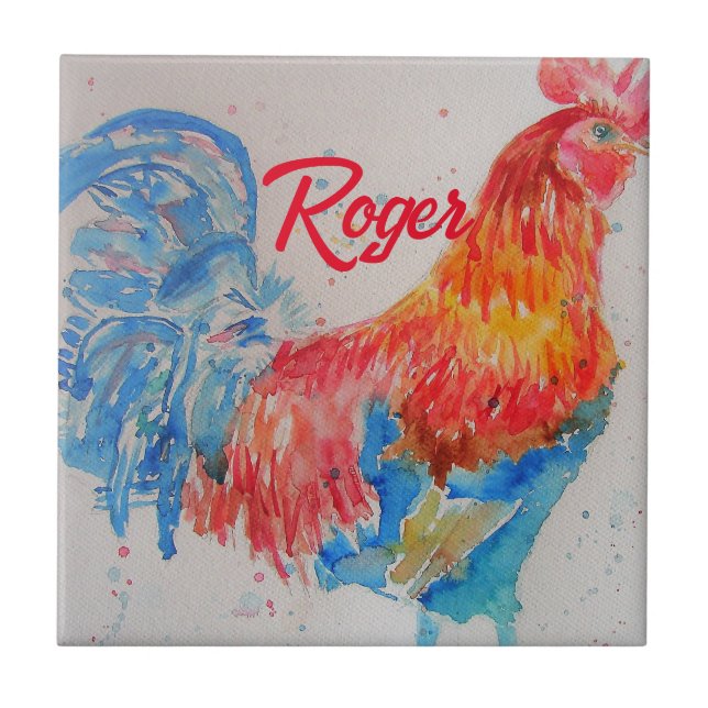 Carreau Rooster rouge aquarelle peinture art poulet (Devant)