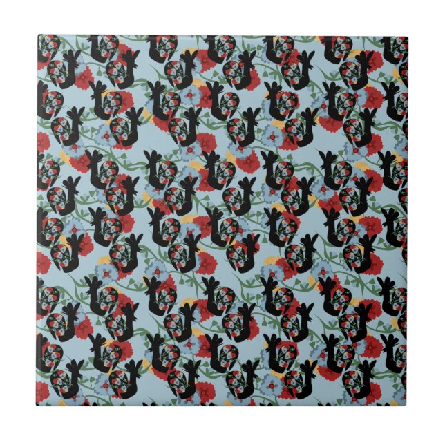 Carreau Roosters Folk Floral Motif mexicain (Devant)