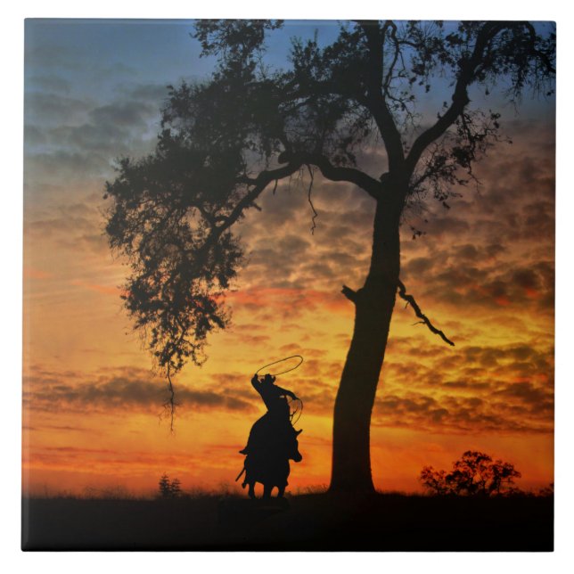 Carreau Roping Cowboy avec cheval Pays Ouest (Devant)