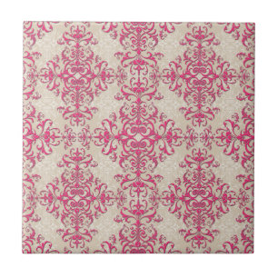 Carreau Rose chic et motif damassé floral blanc cassé