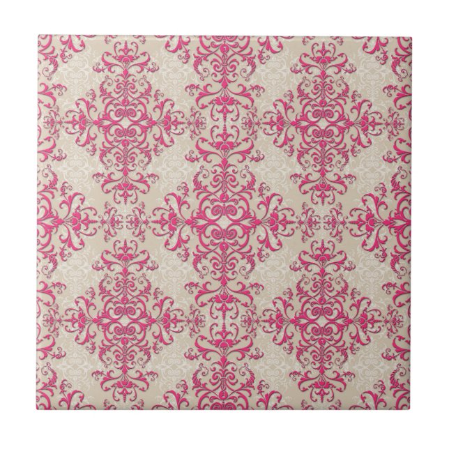 Carreau Rose chic et motif damassé floral blanc cassé (Devant)