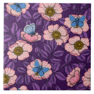 Carreau Rose de chien et papillons en rose et violet