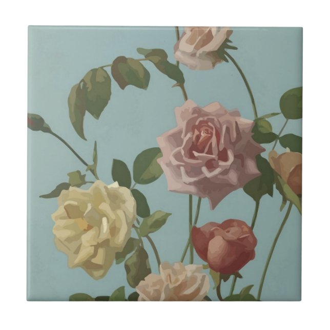 Carreau Rose de thé vintage et Roses bleus (Devant)