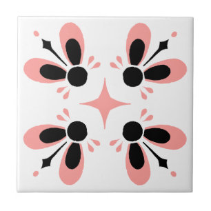 Carreau Rose et noir sur blanc motif floral complexe