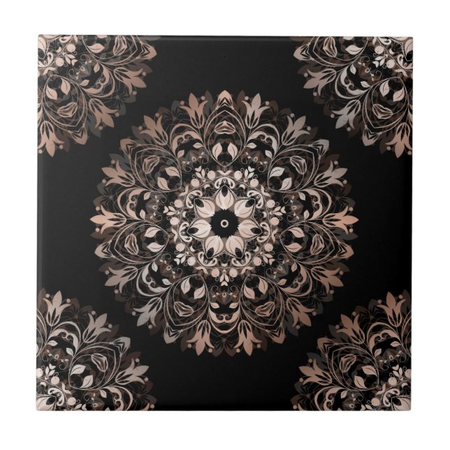 Carreau Rose Gold Black Floral Mandala (Devant)
