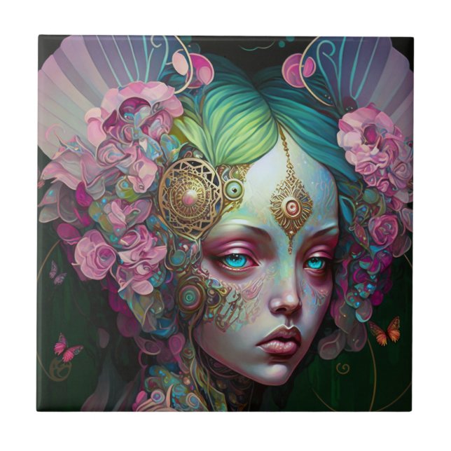 Carreau Rose Green Elf Fairy Femme Imaginaire Art (Devant)