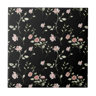 Carreau Rose Pâle Aquarelle Floral Noir