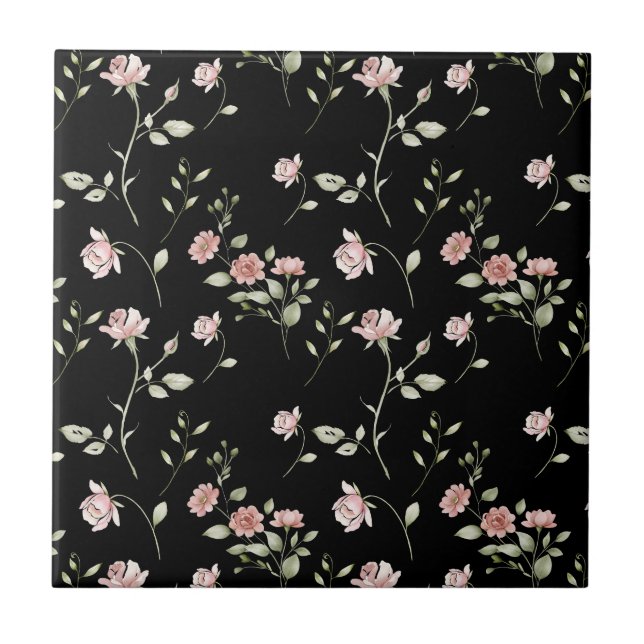 Carreau Rose Pâle Aquarelle Floral Noir (Devant)