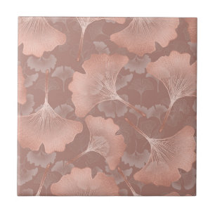 Carreau Rose Pâle Or Feuilles de Ginkgo Élégant Botanique
