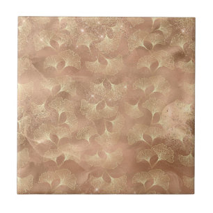 Carreau Rose Pâle Or Feuilles de Ginkgo Élégant Botanique