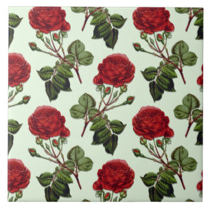Carreau Rose Red Long Stem Motif Mint Green Arrière - plan