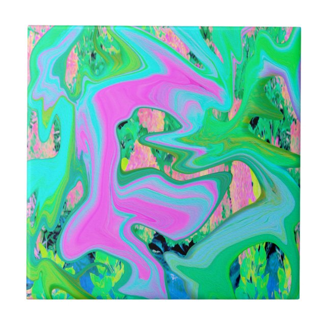 Carreau Rose Rétro et Art Liquide Bleu Clair sur Hydrangea (Devant)