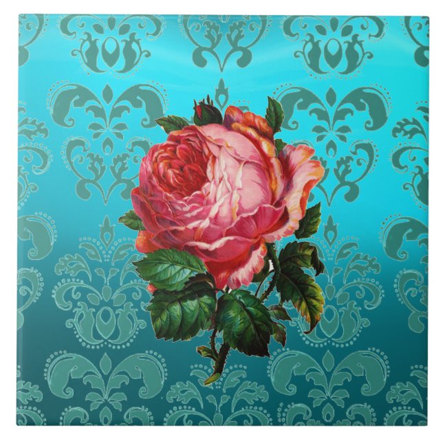 Carreau ROSE ROSE SUR DAMAS BLEU TEAL Floral (Devant)