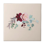Carreau Rose Rose Vert Aquarelle Floral<br><div class="desc">Avec le feuillage eucalyptus,  rose rose,  bourgeoise et feuillage sur arrière - plan beige,  customisez facilement l'arrière - plan et réorganisez les éléments en utilisant notre "Outil de design" imbriqué sous le bouton "Personnaliser"</div>