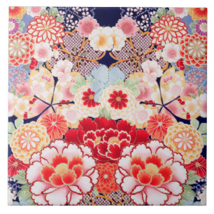 Carreau ROSE ROUGE BLANC FLEURS pivoines, Floral japonais