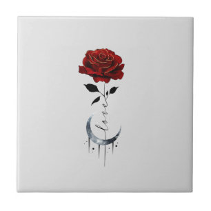 Carreau Rose rouge de style tatouage et lune de croissant