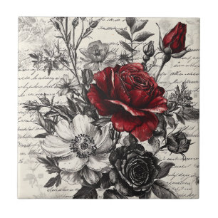 Carreau Rose Rouge Noire Fleurs de Manuscrit Antique
