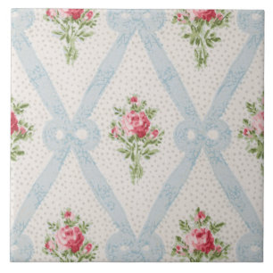 Carreau Rose Victorian Roses w/Blue Ribbon Lattice