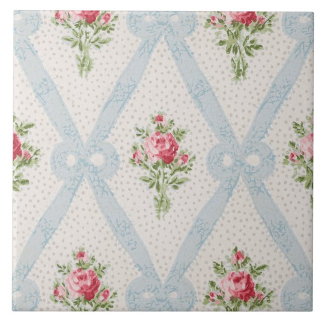Carreau Rose Victorian Roses w/Blue Ribbon Lattice (Devant)