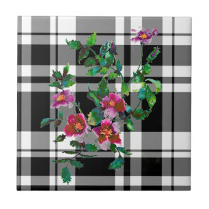 Carreau Rose vintage - plaid noir et blanc