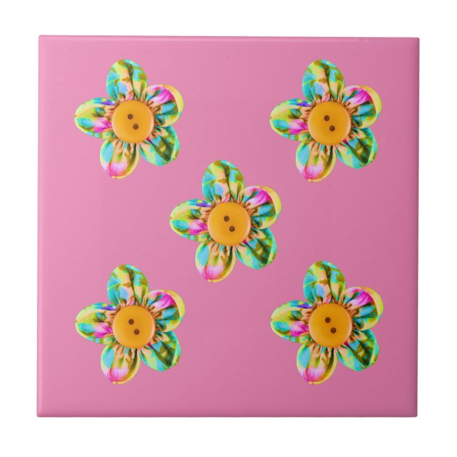Carreau Rose, violet, fleurs jaunes sur rose doux (Devant)