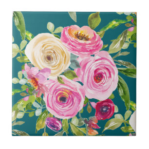 Carreau Roses aquarelle en rose et rouge sur Turquoise