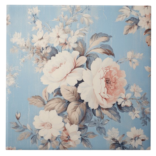 Carreau Roses blanches sur Arrière - plan bleu rustique (Devant)