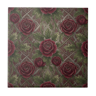 Carreau Roses bordeaux rouge profond Treillis orné vert