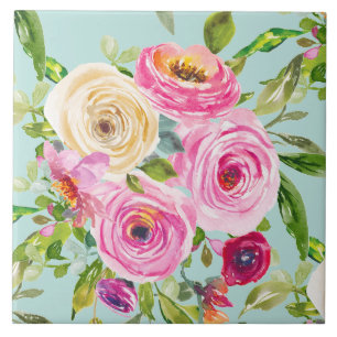 Carreau Roses d'aquarelle en rose et crème sur Aqua