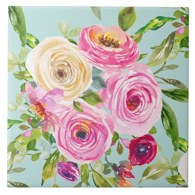 Carreau Roses d'aquarelle en rose et crème sur Aqua (Devant)