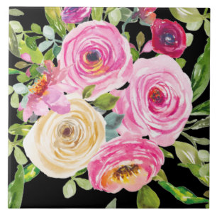Carreau Roses d'aquarelle en rose et crème sur noir