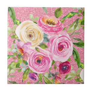 Carreau Roses d'aquarelle en rose et crème sur Parties sci