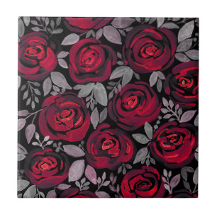 Carreau Roses d'aquarelle, roses rouges sur noir