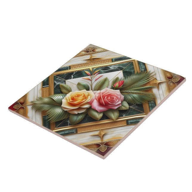 Carreau Roses élégants avec Feuilles décoratifs sur marbre (Côté)